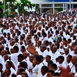 Artistic representation for Pope heads to Papua New Guinea after final Mass in Indonesia before an overflow crowd of 100 , 000. Let me know when you are ready to see the title I've come up with